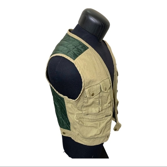 Vintage Hudson Bay Vest linen blend Quilted Tan Green Sz S/M Fishing Hiking - Picture 3 of 14